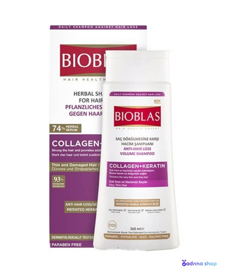 شامپو کلاژن و کراتین بیوبلاس ضد ریزش برای مو های نازک و کم حجم حجم 360 میل