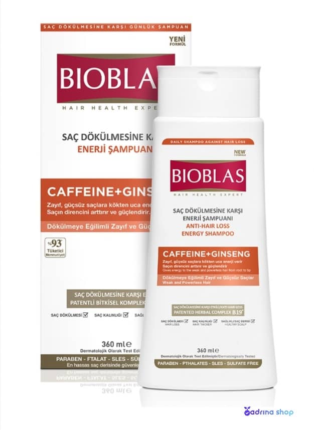 شامپو بدون سولفات بیوبلاس حاوی کافئین و جینسینگ برای مو های ضعیف و آسیب دیده 360 میل